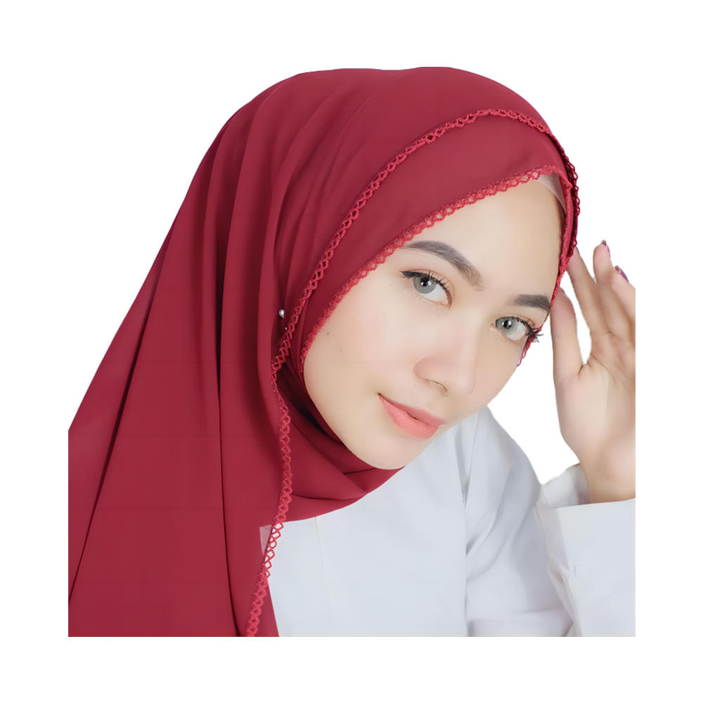 穆斯林平纹针织珍珠雪纺女式时尚弧形牙边头巾绿松石女式围巾