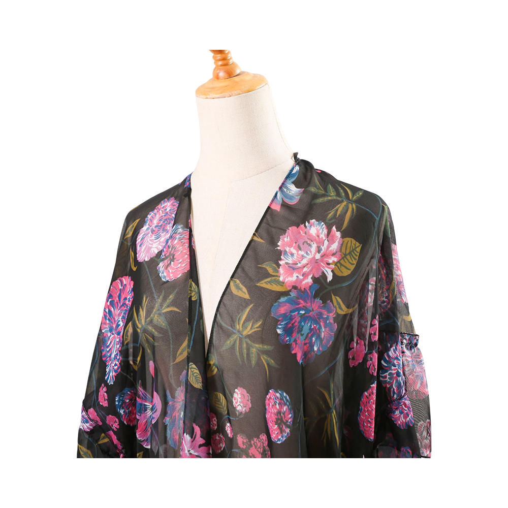 女式花卉印花泡泡袖雪纺和服开衫宽松遮盖休闲衬衫上衣