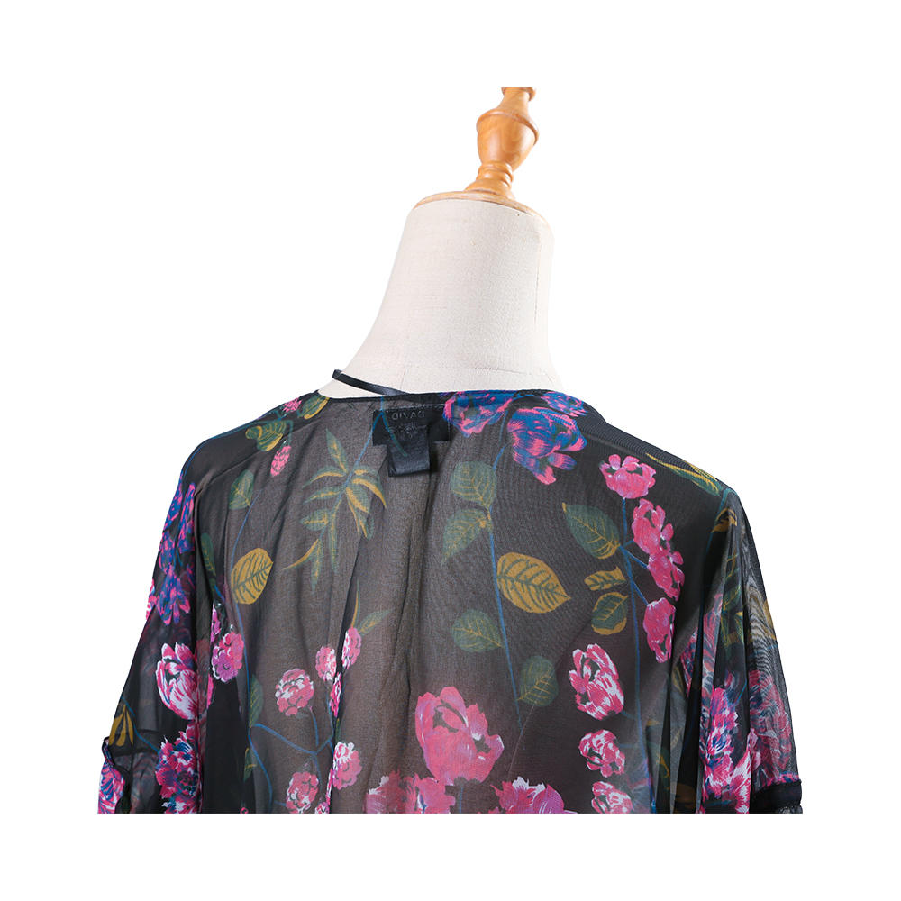 女式花卉印花泡泡袖雪纺和服开衫宽松遮盖休闲衬衫上衣